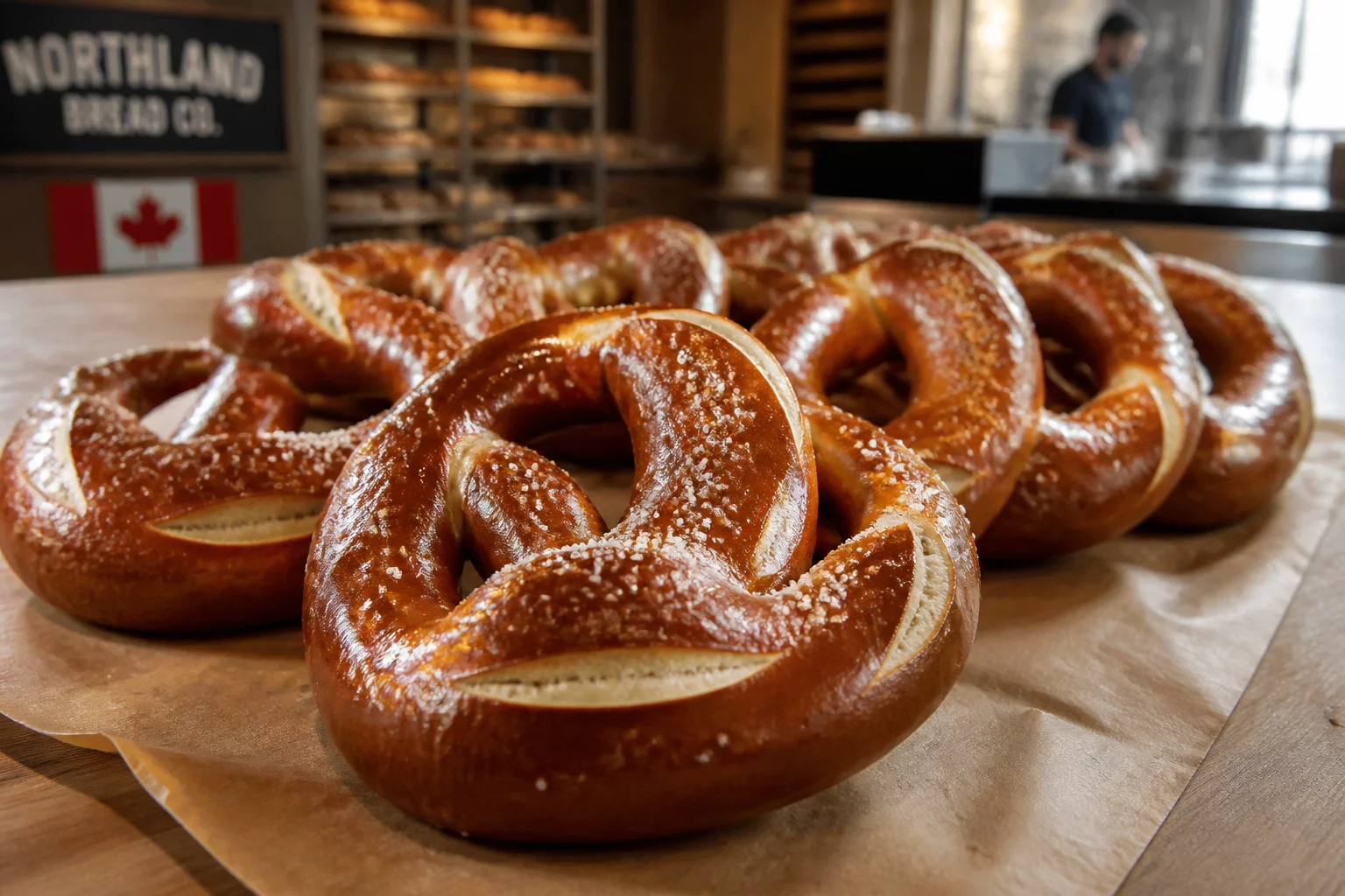 Fresh artisanal pretzels baked in bakery oven