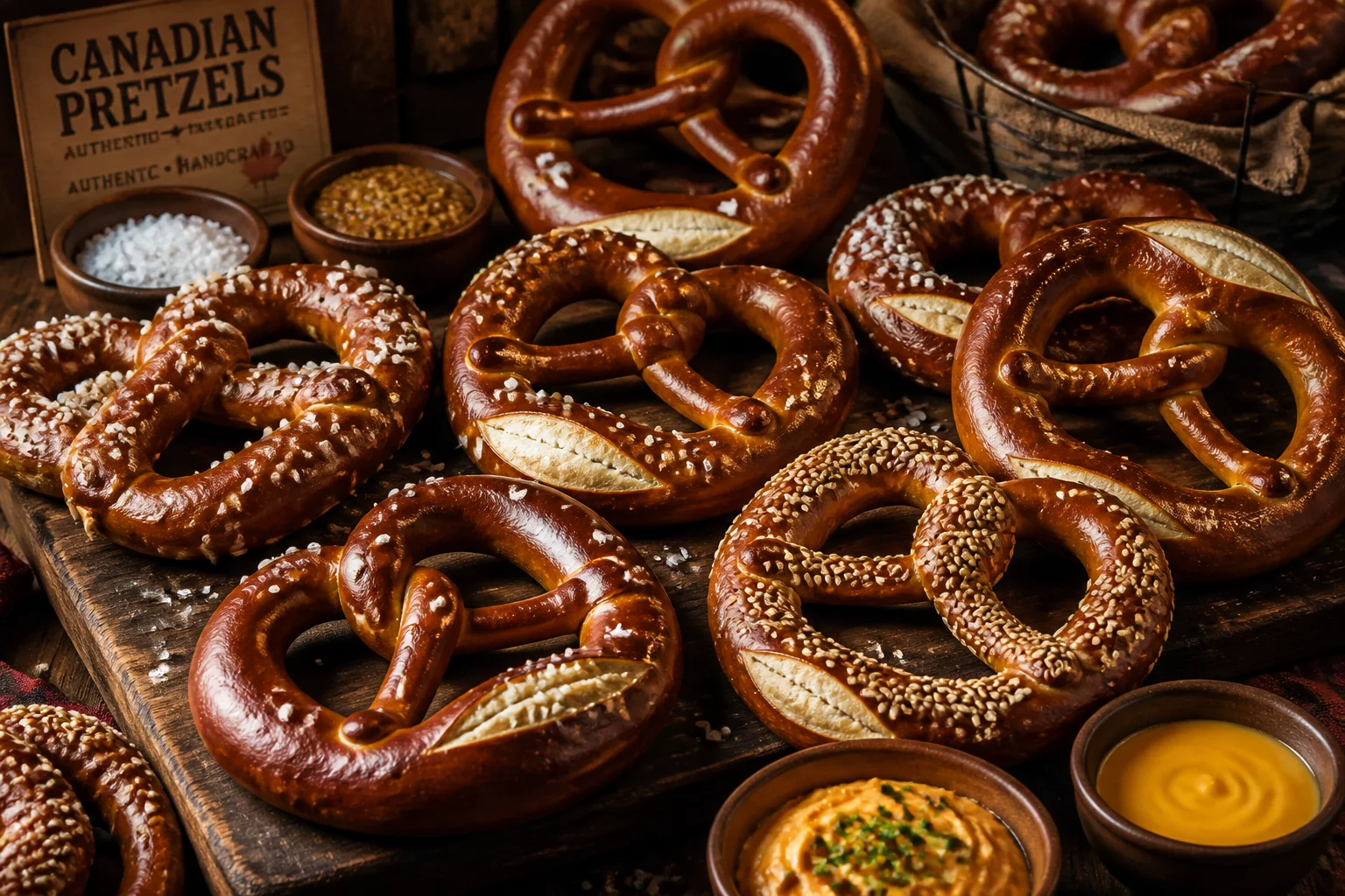 Artisan pretzel gift selection with dipping sauces