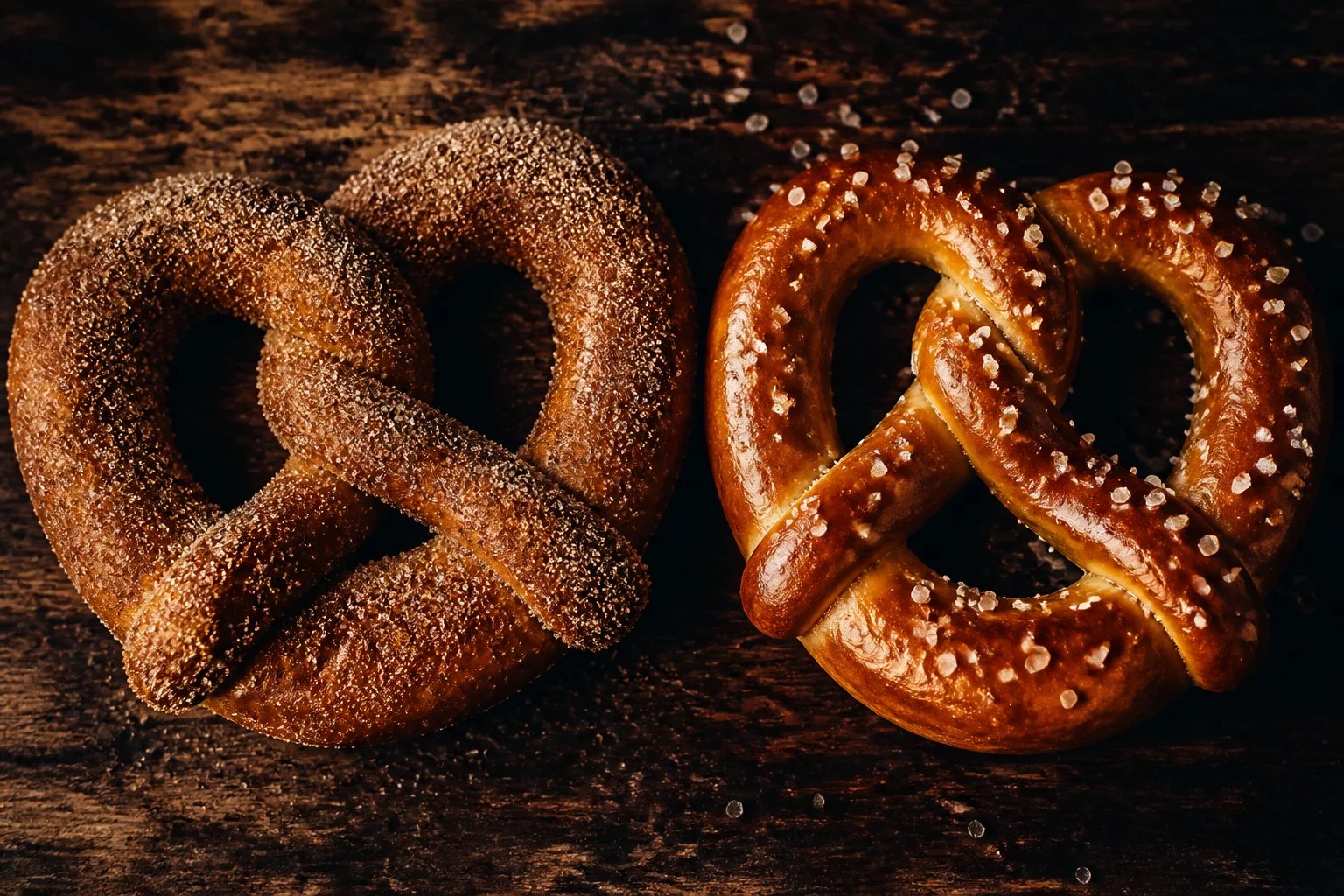 Sweet cinnamon sugar and coarse salted pretzels side by side