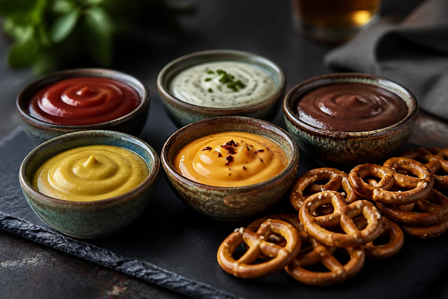 Assorted gourmet pretzel dips in dipping bowls